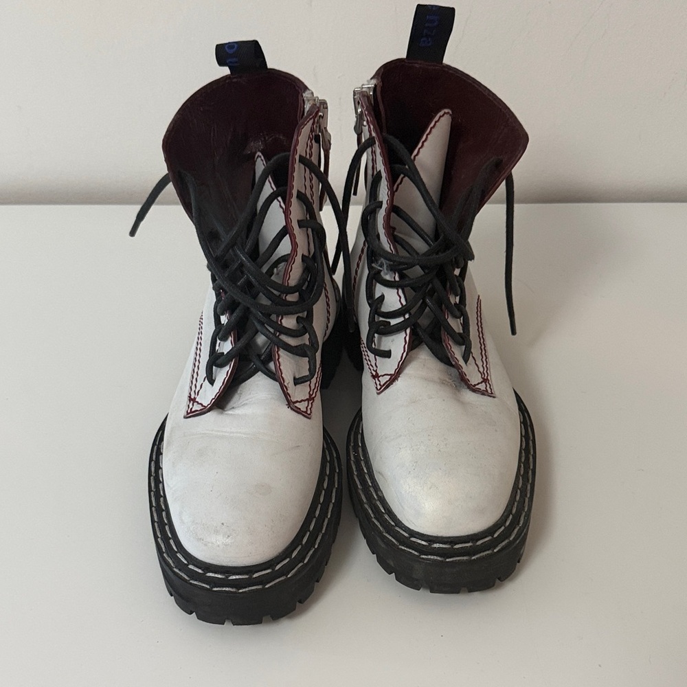 Proenza Schouler Chunky White Leather Lace-Up Boots with Black Soles